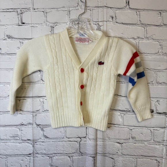 Lacoste Other - Vintage Lacoste IZOD Kids Cardigan Sweater Cream Red Buttons Striped Sleeve 3T